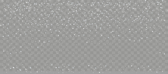 Winter background with snow falling on transparent background, Vector  Christmas banner with snowflakes in different shapes on snowdrifts.Holiday backdrop for Merry Christmas and Happy New Year 2024