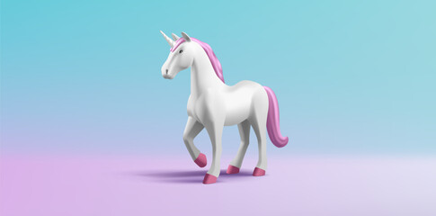 Obraz na płótnie Canvas 3d render illustration of unicorn horse with pink mane and tale, white animal, volume shape