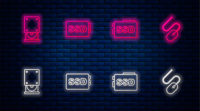 Set line SSD card, , Optical disc drive and Computer mouse. Glowing neon icon on brick wall. Vector