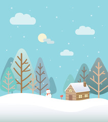 Illustration of a snowy winter landscape with a house, tree and snowman