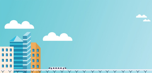 city landscape with buildings, skyscrapers and transport traffic. Concept of smart city with different icons. Vector illustration.