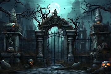 Halloween background with castle gate and full moon