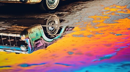 Obraz premium Vintage car reflection in a puddle with colored pink and yellow gasoline stains wallpaper background with copy space