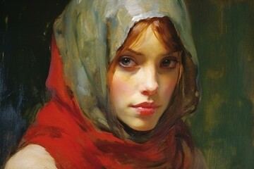 Portrait of a girl with a red scarf on her head