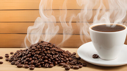 Hot coffee in a white coffee cup and many coffee beans placed around on a wooden table in a warm, light atmosphere, on wooden background, with copy space.