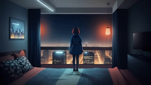 girl full body standing at balcony looking at city night lights bedroom with accents Generative K illustration animation. Created using Generative AI Technology