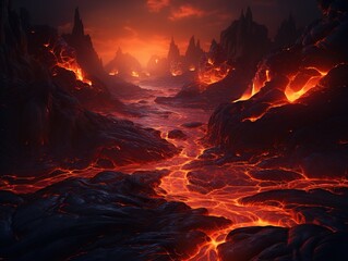 Flowing down a hill fresh, hot lava after volcano explosion, natural disaster concept