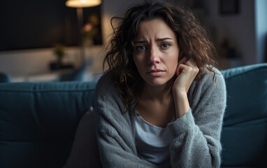 Fototapeta na wymiar Sad, anxious, or abused woman sitting on the couch, Generative AI