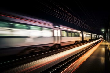 Fototapeta na wymiar Abstract image of a fast train at night with motion blur. Generative AI