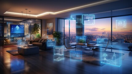 Luxury, modern apartment with smarhub, home technology with advanced technics and electronics, housing concept