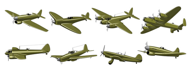 WWII Fighter Planes and Bombers. British and Soviet vintage military airplanes collection. Vector cliparts isolated on white.