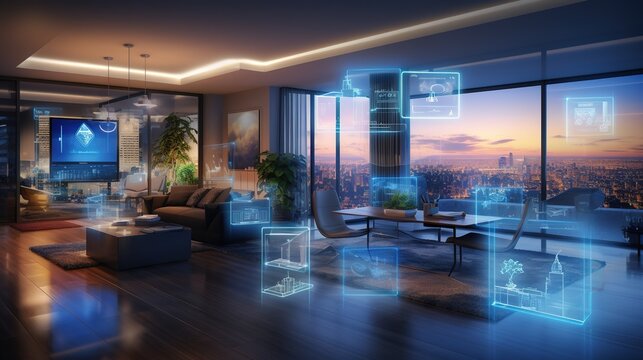 Luxury, modern apartment with smarhub, home technology with advanced technics and electronics, housing concept