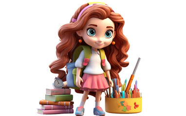 Cute Long Hair Girl with a Backpack and Ready for School 3D Character Isolated on Transparent Background PNG.