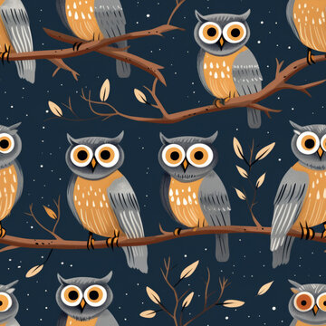 Gray-yellow owls on a blue backdrop seamless 2d tilable pattern, fabric design, wall art