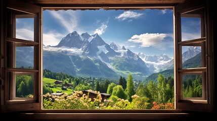 Landscape beautiful view from window to incredible snowy alps and lovely nature around, nature concept