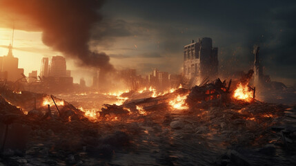 Detailed destruction of fictitious city with debris and collapsing structures war. Generative Ai