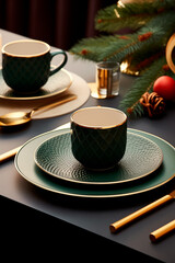 Obraz na płótnie Canvas Modern elegant christmas style dinnerware set with festive decor
