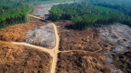 Deforestation aerial photo. Rainforest jungle, destroyed to make way for oil palm. Generative Ai - obrazy, fototapety, plakaty