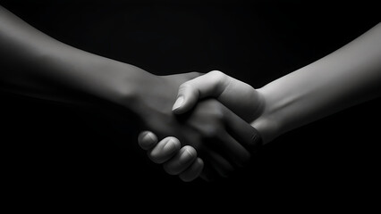 Handshake between black and white people on dark background.