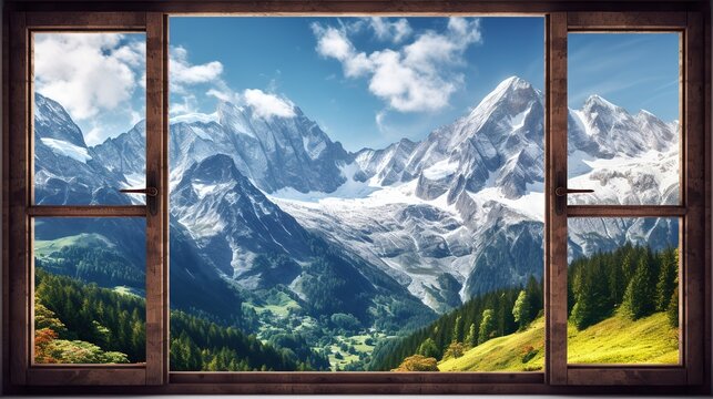 Landscape beautiful view from window to incredible snowy alps and lovely nature around, nature concept