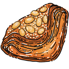 Almond Puff Pastry. Croissant illustration. Hand drawn Puff Pastry badge bakery for design menu cafe, label and packaging.