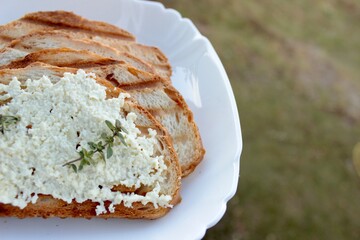 slice of bread, sandwiches from a loaf and with cheese paste on a wooden stand and in a white plate