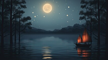  a painting of a boat floating on a lake at night.  generative ai