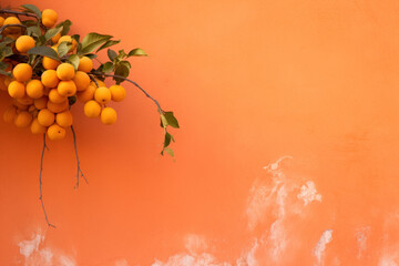 Citrus tree in a pot against an orange wall.