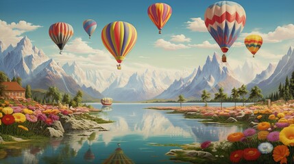  a painting of hot air balloons flying over a lake and mountains.  generative ai