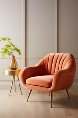 Modern armchair in the color of the year apricot crash in the interior. - obrazy, fototapety, plakaty