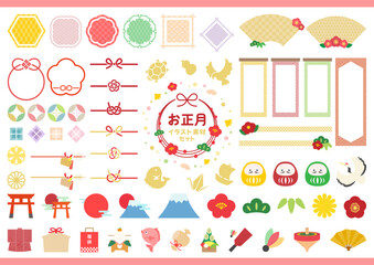 正月のアイコンセット、和風なデザインや年賀状の挿し絵に役立つ日本らしい独立したイラストのセット。
