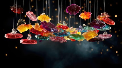Fototapeta na wymiar a bunch of gummy bears hanging from strings in the air. generative ai