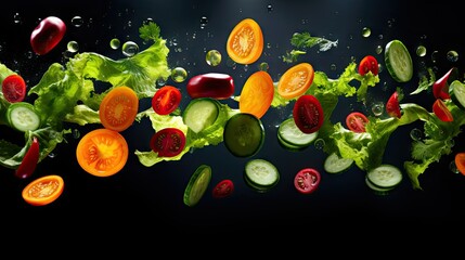  a bunch of vegetables are falling into the air with water on them.  generative ai