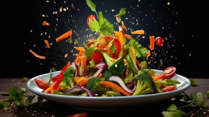  a salad with broccoli, carrots, onions and peppers.  generative ai