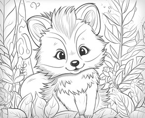 Obraz premium Black and white illustration for coloring animals, fox.