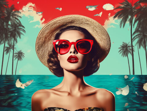 Beautiful woman with red lips wearing trendy sunglasses in swimming pool. Summer vibes