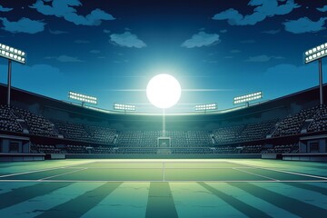Illustration of a tennis court with floodlights in a stadium setting. Generative AI - obrazy, fototapety, plakaty