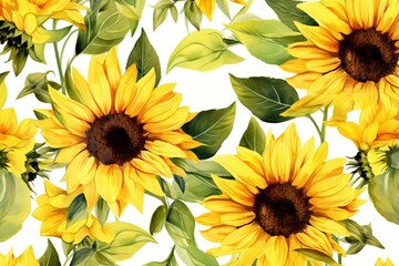 Watercolor illustration of summer flowers: Sunflower seamless pattern (transparent background). Generative AI