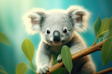  a baby koala is sitting on a branch with leaves.  generative ai