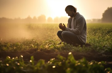 Man praying on field at sunrise