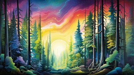  a painting of a forest with a sunset in the background.  generative ai
