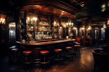 Fototapeta na wymiar Dimly-lit Bar interior vintage loft. Interior ireland. Generate Ai