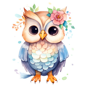 Watercolor Cute Owl Clipart Illustration