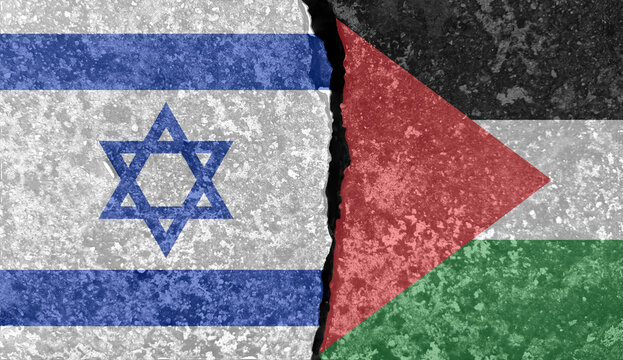 Israeli flag picture and the Palestinian flag on the cracked cement wall - Powered by Adobe