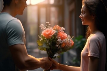 Fototapeta na wymiar Man giving a bouquet of flowers to a woman Generative Ai