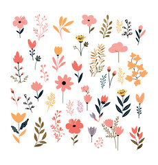 Fototapeta premium Set of hand drawn flowers and leaves. Vector illustration