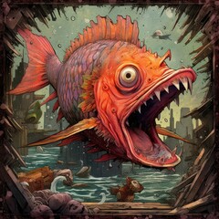 crazy fish angry furious mad portrait expressive illustration artwork oil painted sketch tattoo