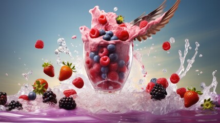  a glass filled with berries and blueberries splashing into the water.  generative ai