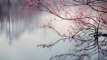  a tree with pink flowers is reflected in the water of a lake.  generative ai