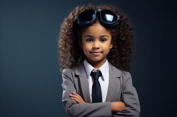 8 year old African girl in pilot costume - obrazy, fototapety, plakaty
